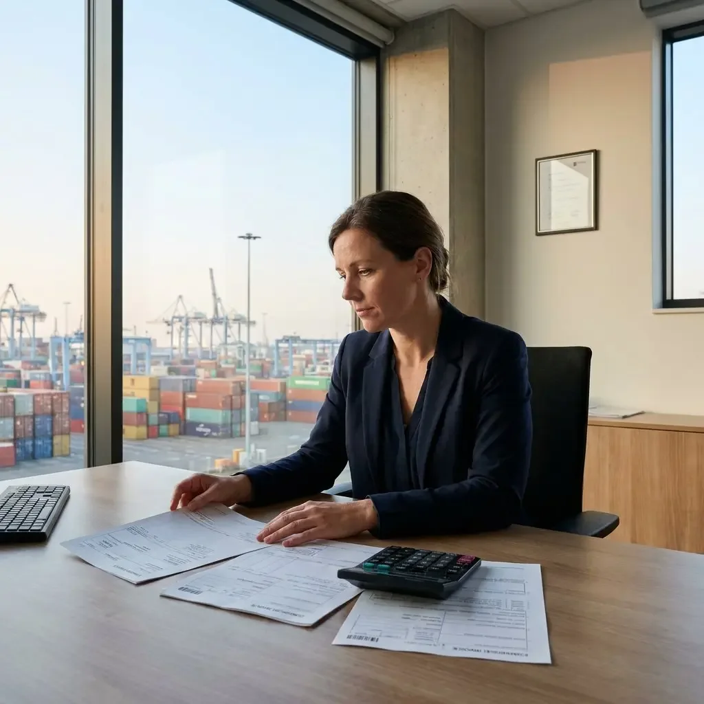 Woman in a navy blazer reviewing customs documents with a calculator at an office desk overlooking a container port with cranes.